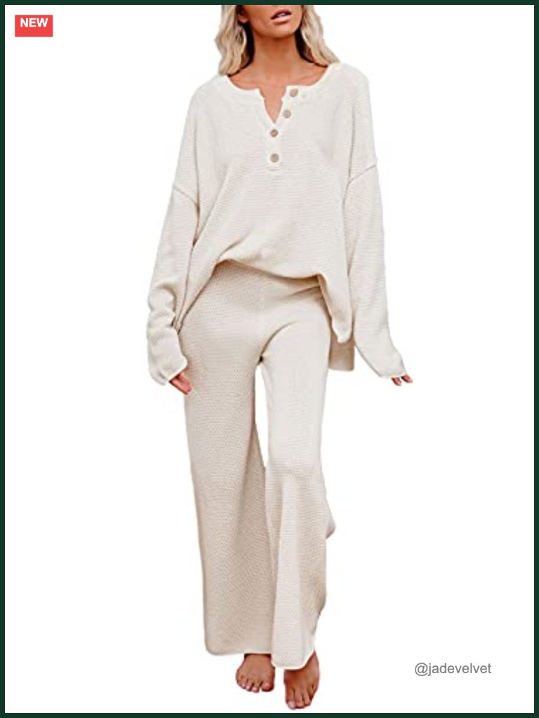 2 Piece Long Sleeve Button Pullover Sweater And Wide Leg Pants Lounge Set